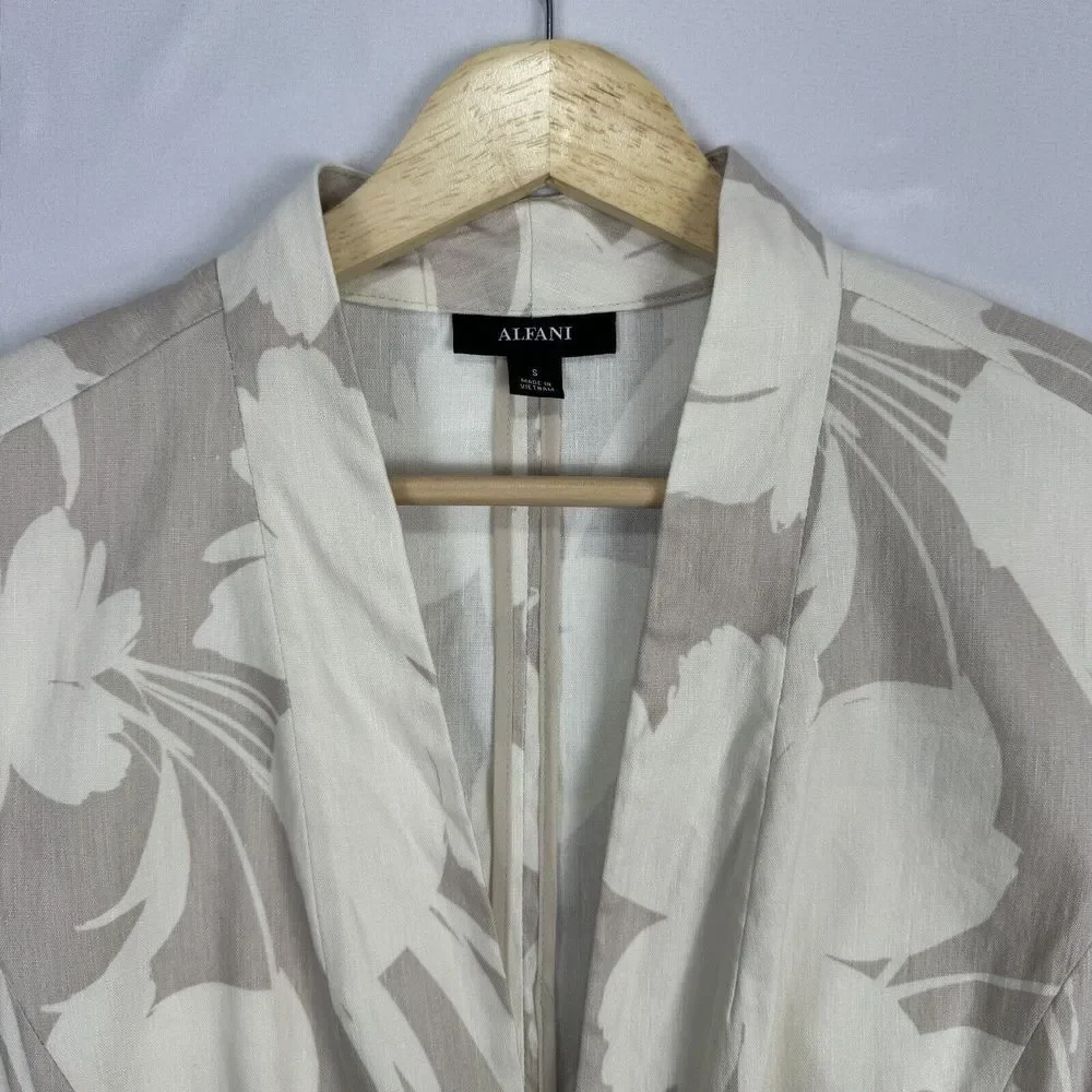 Alfani Floral Linen Cardigan Size Small Long Tan Draped Open Front Ruched Sleeve